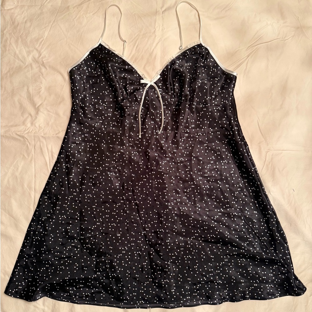 Black Polka Dot Satin Chemise with White Trim